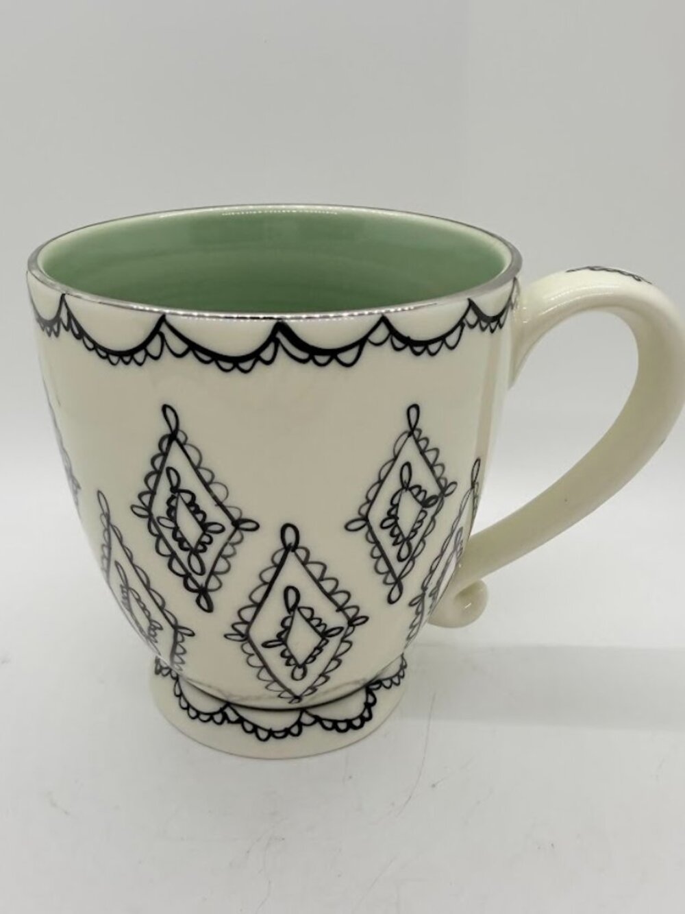 Vintage Starbucks Barista 2002 Coffee Mug White Black Lace Diamonds Green Inside